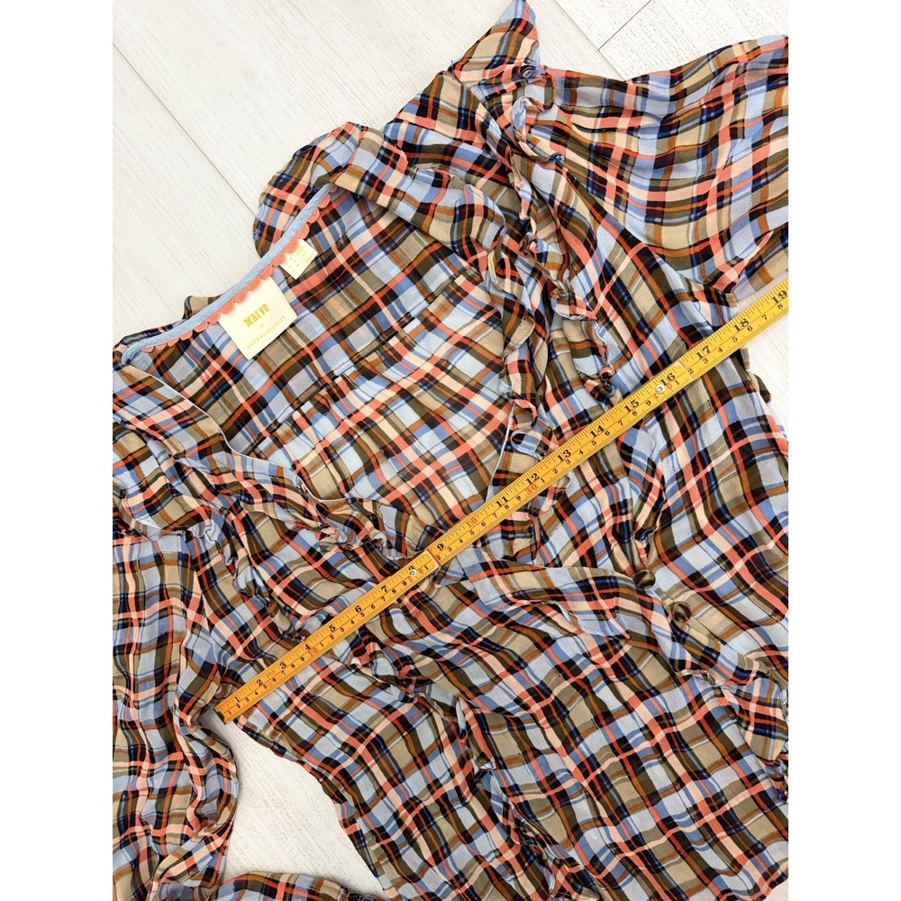 Maeve Anthropologie Laila Plaid Ruffle Sheer Top Sz 8 - Picture 6 of 7